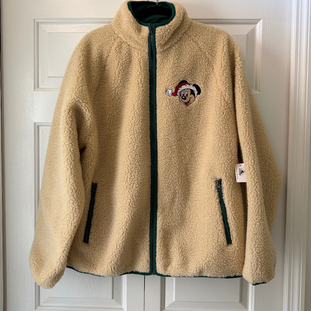 Disney Christmas Holiday 2025 Mickey Mouse Santa Fleece Jacket Size L Tan NEW